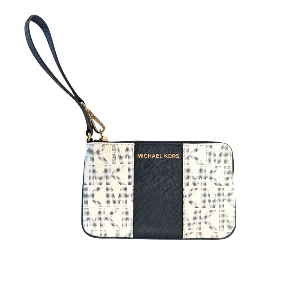 Michael Kors Jet Set Travel Large Top Zip Wristlet Navy White Center Stripe NEW